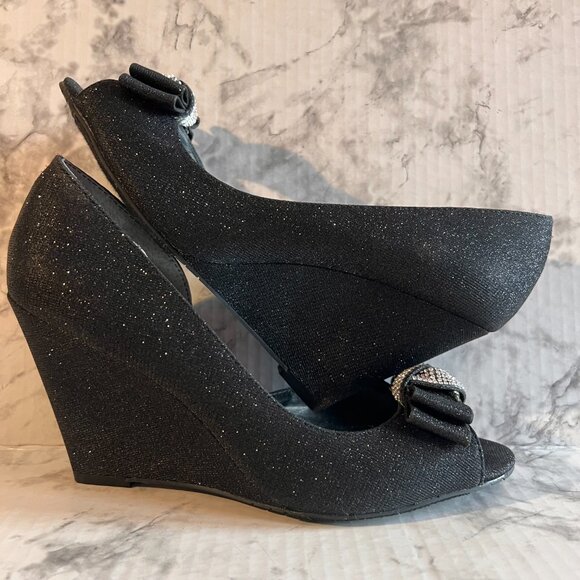 Nina Veleria Wedges Size 7 Black Glitterati Rhinestone Detail Open Toe … - Picture 7 of 12